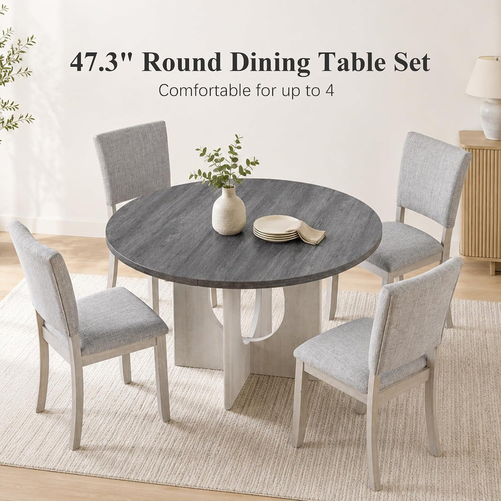 Stella Mia Round Dining Table Set for 4, 47" Round Tabletop, Dark Gray | U-Shaped Pedestal Base