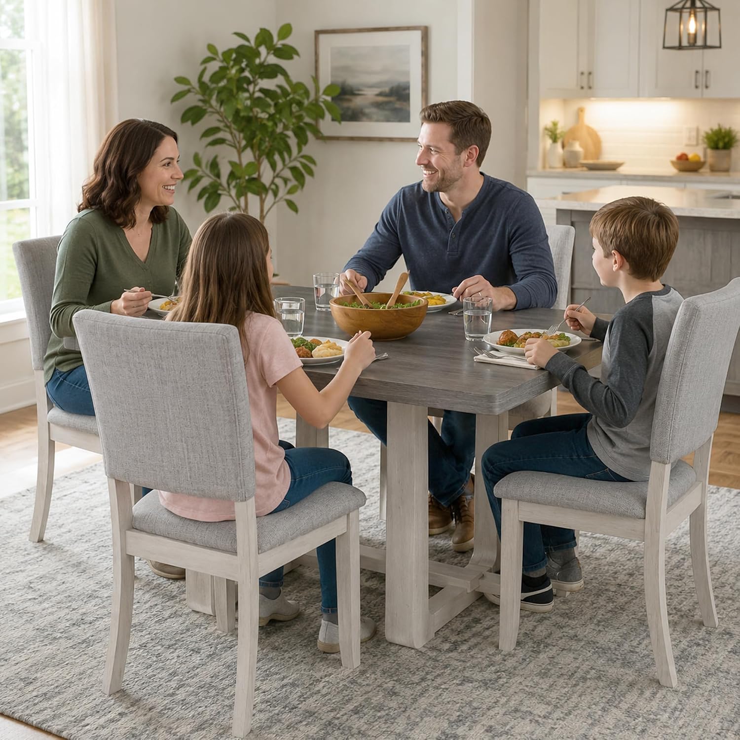 Stella Mia 5-Piece Dining Table Set for 4, 48" Rectangular Solid Wood Kitchen Table with Trestle Base and 4 Upholstered Chairs