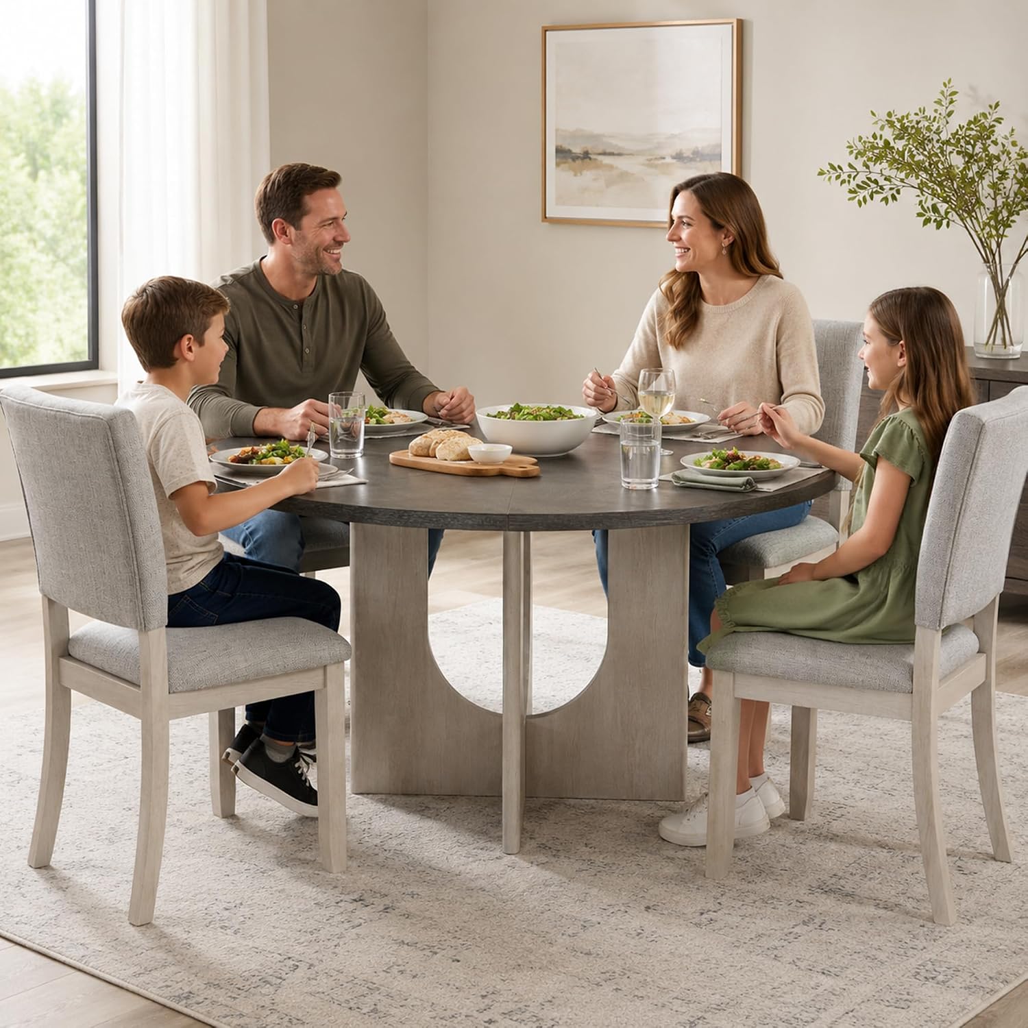 Stella Mia Round Dining Table Set for 4, 47" Round Tabletop, Dark Gray | U-Shaped Pedestal Base