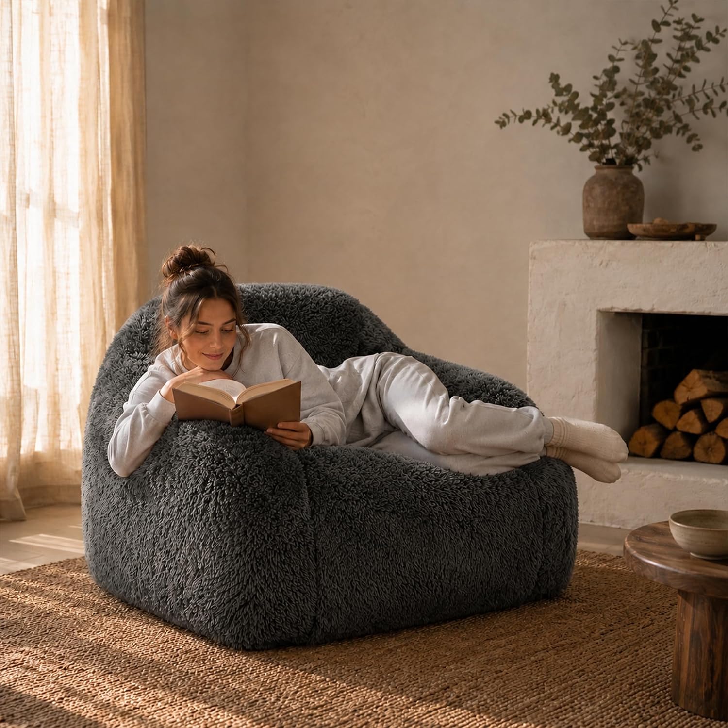 Stella Mia Compressed Accent Chair, Shaggy Plush Foam Sofa Chair with Pocket Coils & Curved Arms