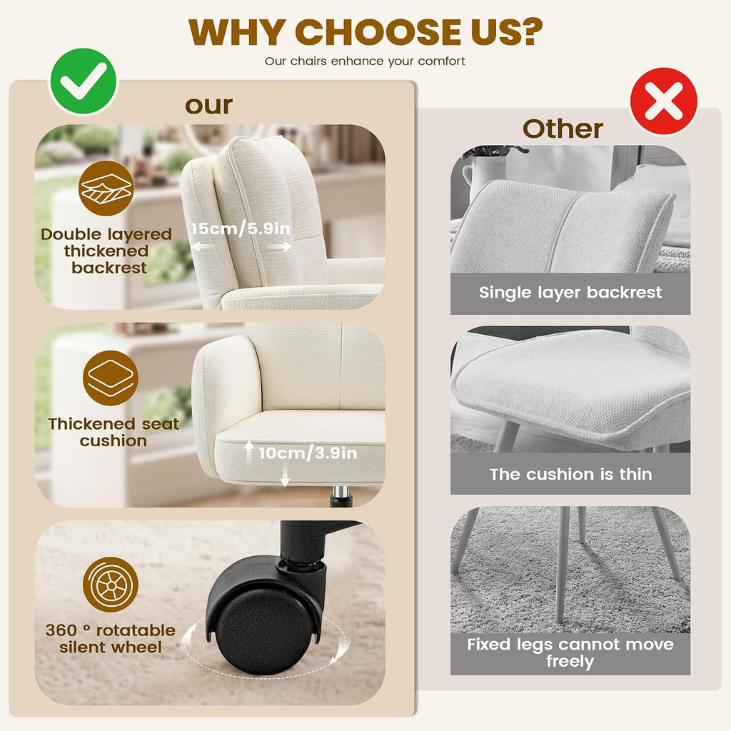 Vanity Chair with Wheels, Modern Height Adjustable Makeup Desk Chair with 360° Swivel & 28D High-Density Sponge Cushion, Upholstered Small Task Stool for Bedroom, Living Room & Home, White