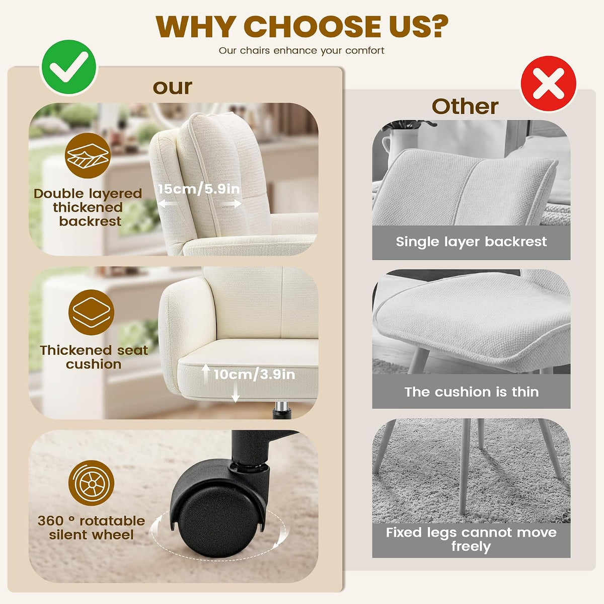 Vanity Chair with Wheels, Modern Height Adjustable Makeup Desk Chair with 360° Swivel & 28D High-Density Sponge Cushion, Upholstered Small Task Stool for Bedroom, Living Room & Home, White