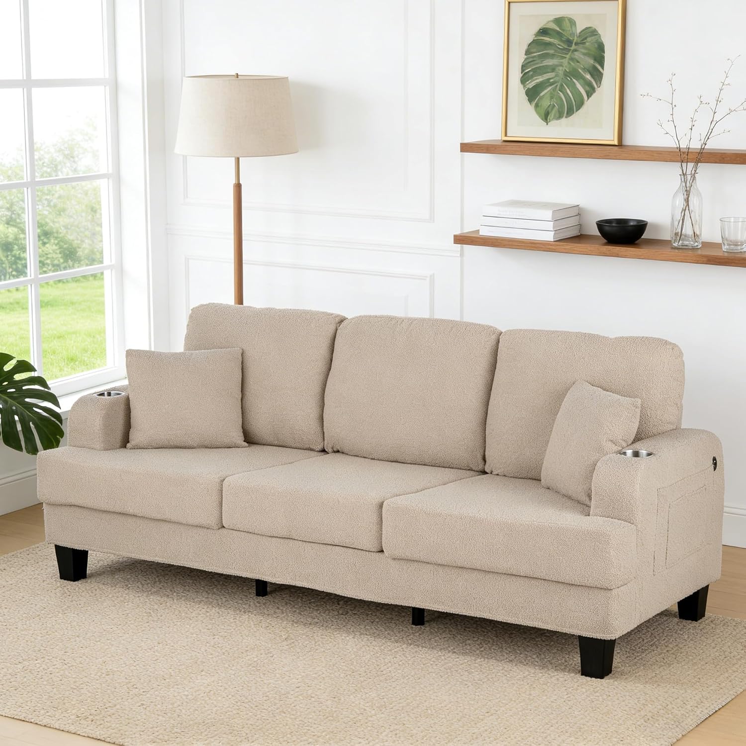 Stella Mia 85" Upholstered Sofa with USB-A & USB-C Charging Port, Stainless Steel Cup Holders
