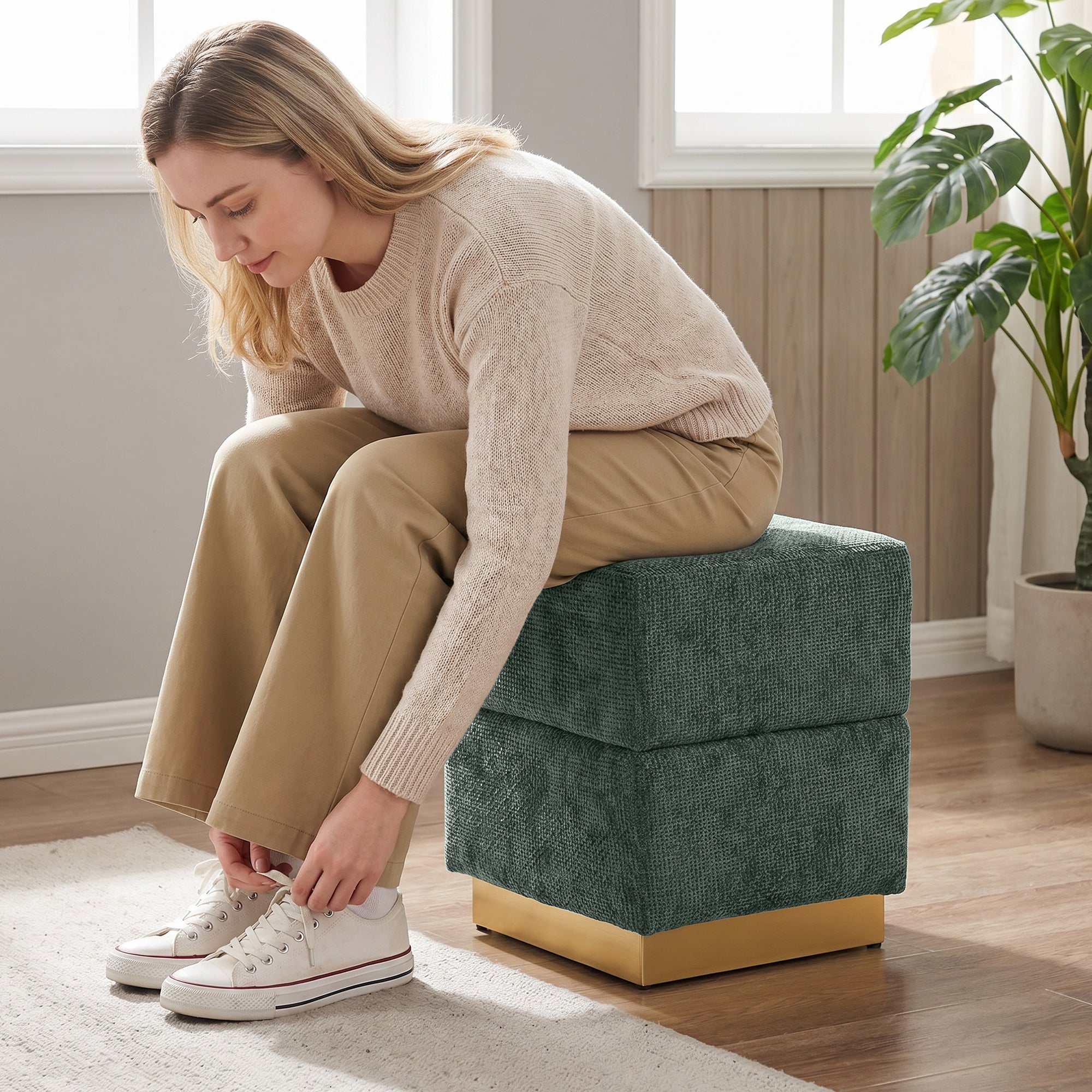 Storage Ottoman Cube Foot Rest Stool, Chenille Upholstered Footstool Storage Bench with Stainless Steel Base, Vanity Stool Chair, Foot Rest Under Desk for Bedroom, Living Room, Dorm, Entryway