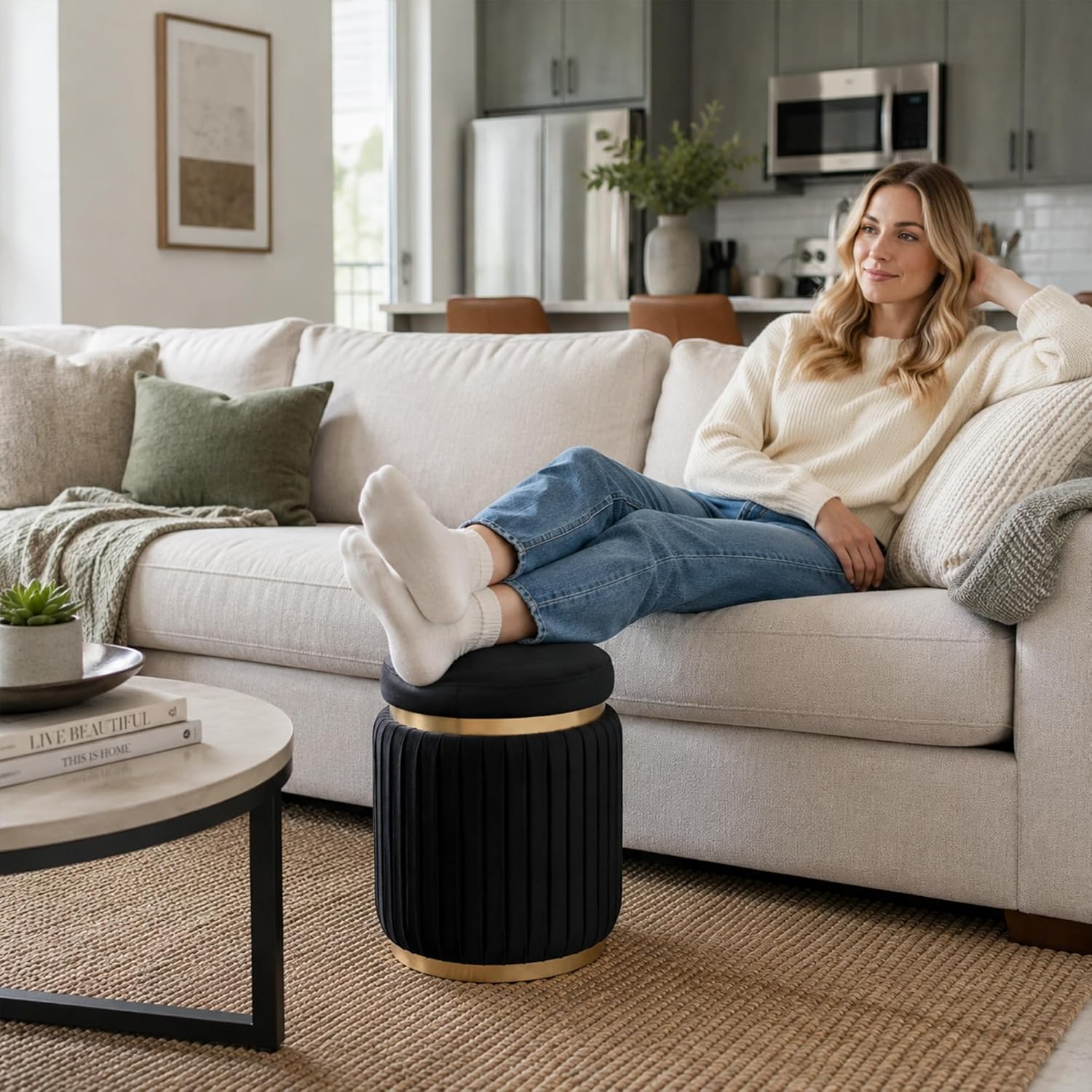 Stella Mia Round Ottoman, Velvet Upholstered Small Foot Stool with Gold Trim, Modern Ottoman Foot Rest with Stainless Steel Base