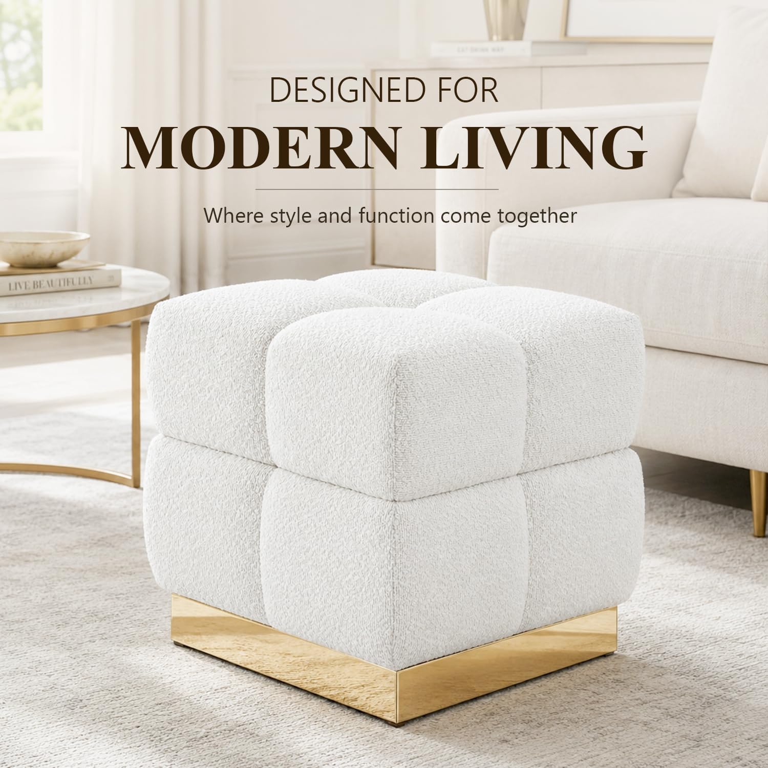 Stella Mia Boucle Storage Ottoman Stool, Modern Vanity Stool with Biscuit Tufting and Gold Stainless Steel Base