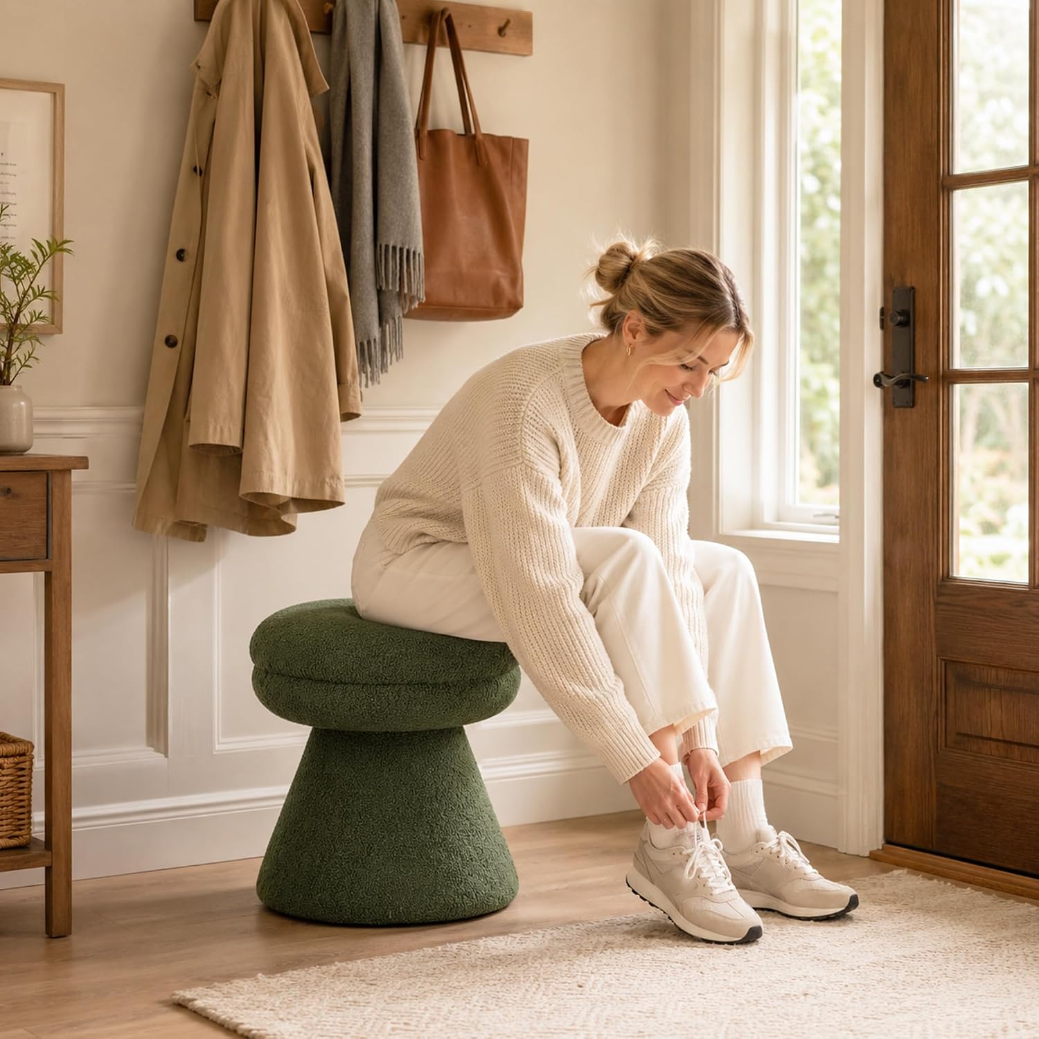 Stella Mia Mushroom Ottoman Stool, Teddy-Like Upholstered Small Ottoman with Pedestal Base