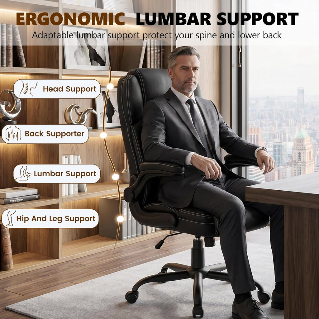 Stella Mia Ergonomic PU Leather Office Chair, High Back, Flip-Up Arms, Swivel Adjustable