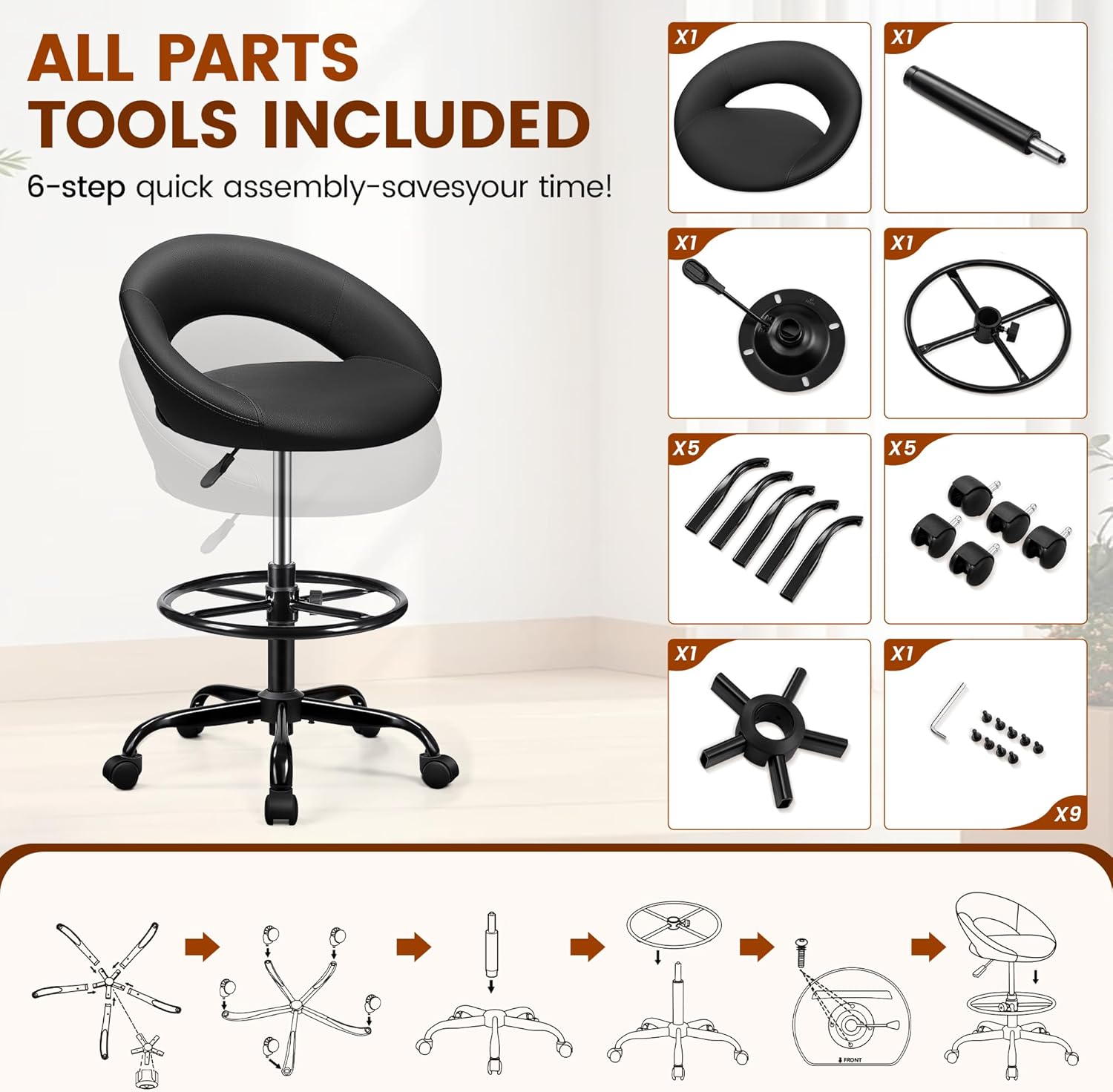 Stella Mia Ergonomic Drafting Chair for Standing Desk, Height Adjustable Rolling Stool with Foot Rest