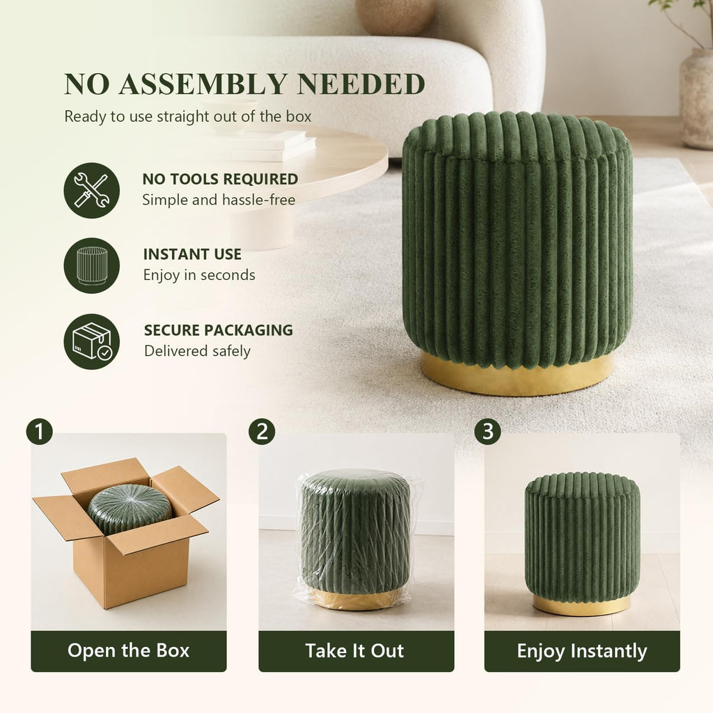 Stella Mia Round Ottoman Stool, Fur-Like Upholstered Small Ottoman Foot Rest with Gold Stainless Steel Plinth Base