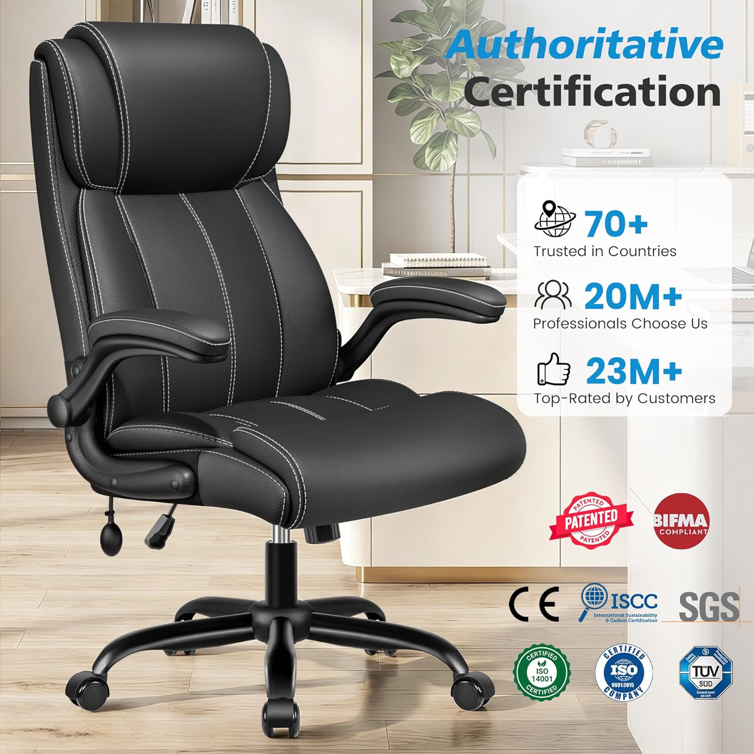 Stella Mia Ergonomic Office Chair – High Back Executive Leather Desk Chair with Inflatable Lumbar Support for Back Pain
