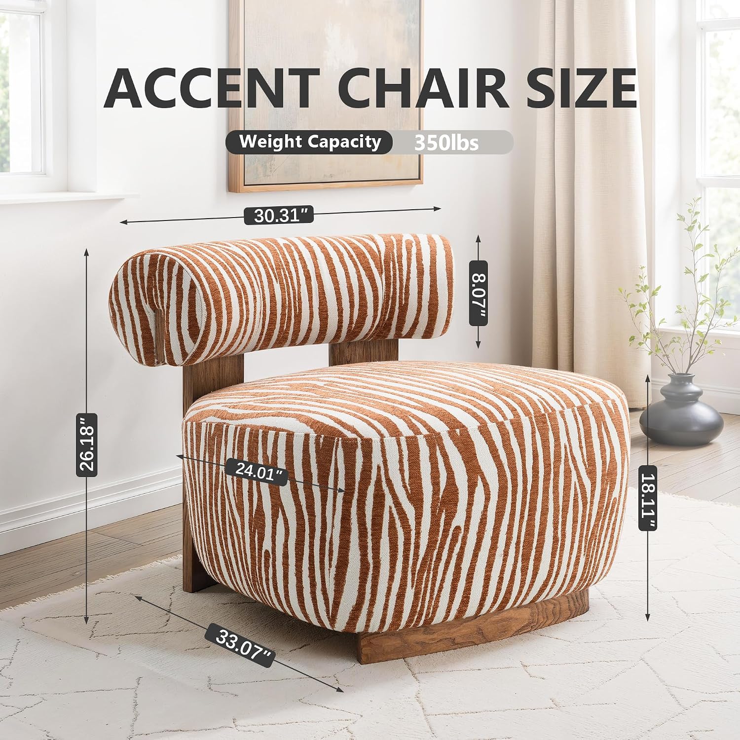 Stella Mia Zebra Accent Chair, Chenille Upholstered Armless Chair with Cylindrical Backrest