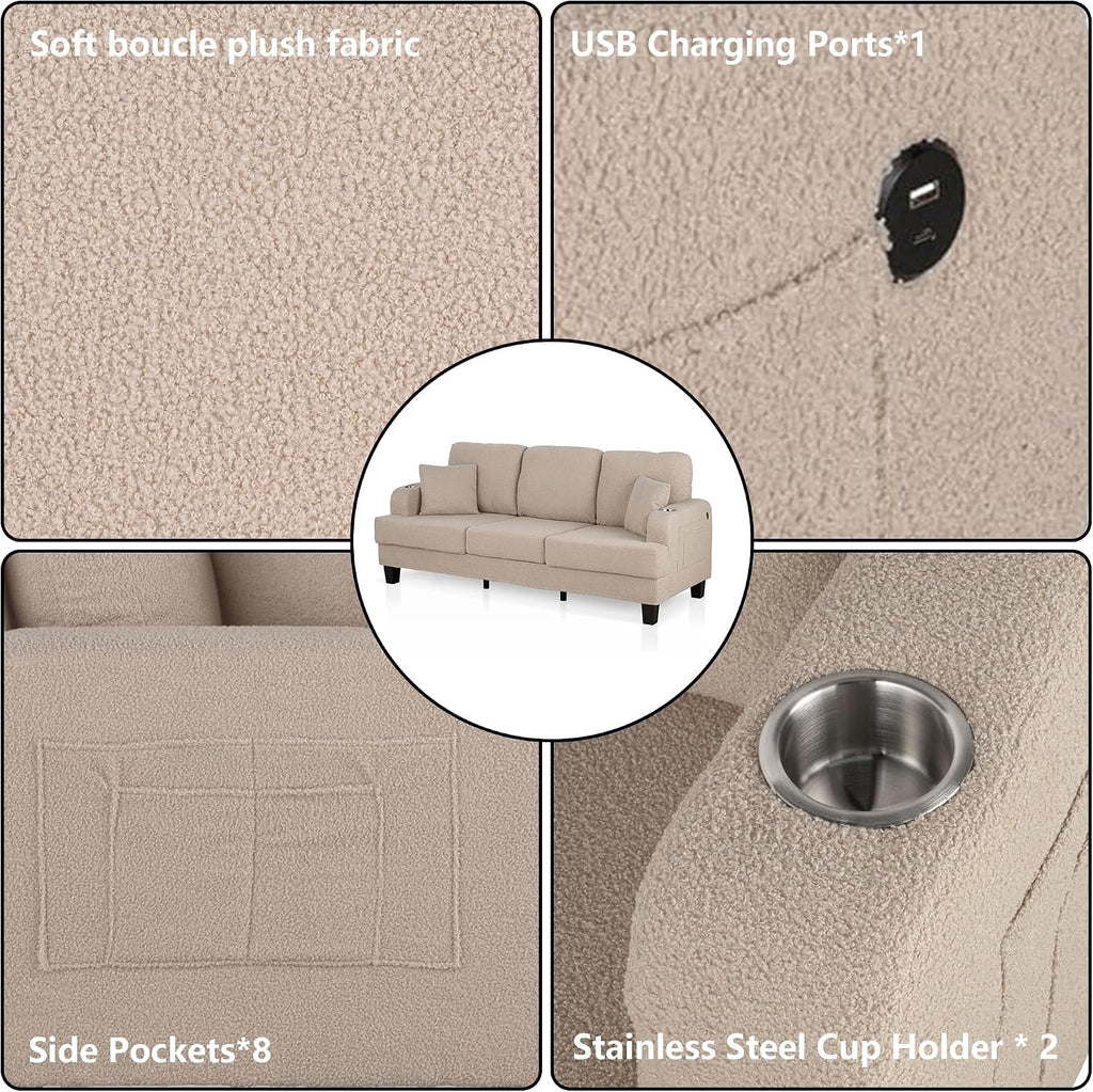 Stella Mia 85" Upholstered Sofa with USB-A & USB-C Charging Port, Stainless Steel Cup Holders