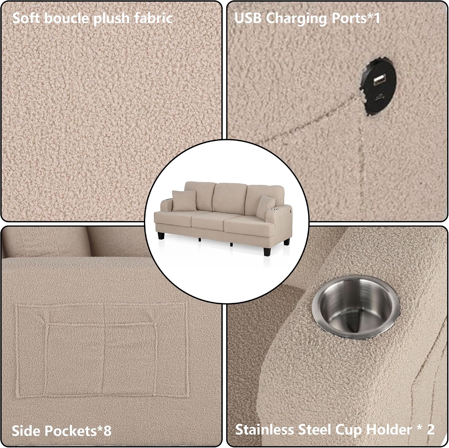 Stella Mia 85" Upholstered Sofa with USB-A & USB-C Charging Port, Stainless Steel Cup Holders