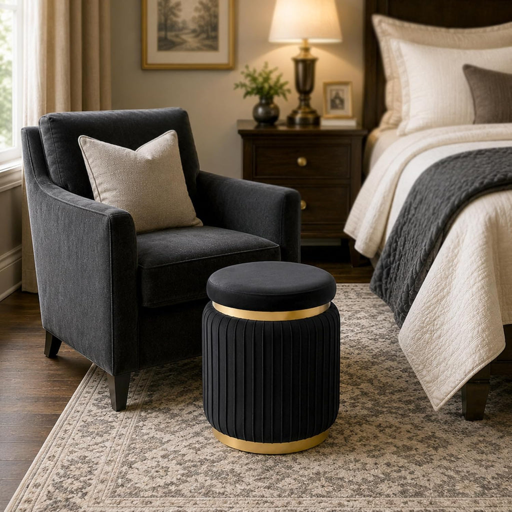 Stella Mia Round Ottoman, Velvet Upholstered Small Foot Stool with Gold Trim, Modern Ottoman Foot Rest with Stainless Steel Base