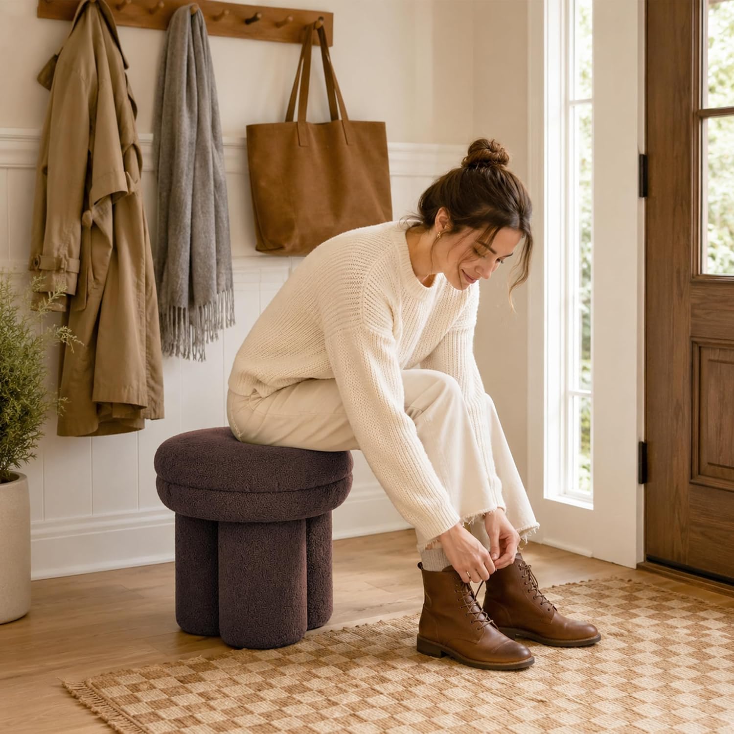 Stella Mia Mushroom Ottoman Stool, Teddy-Like Upholstered Accent Stool with Tri-Pillar Pedestal Base