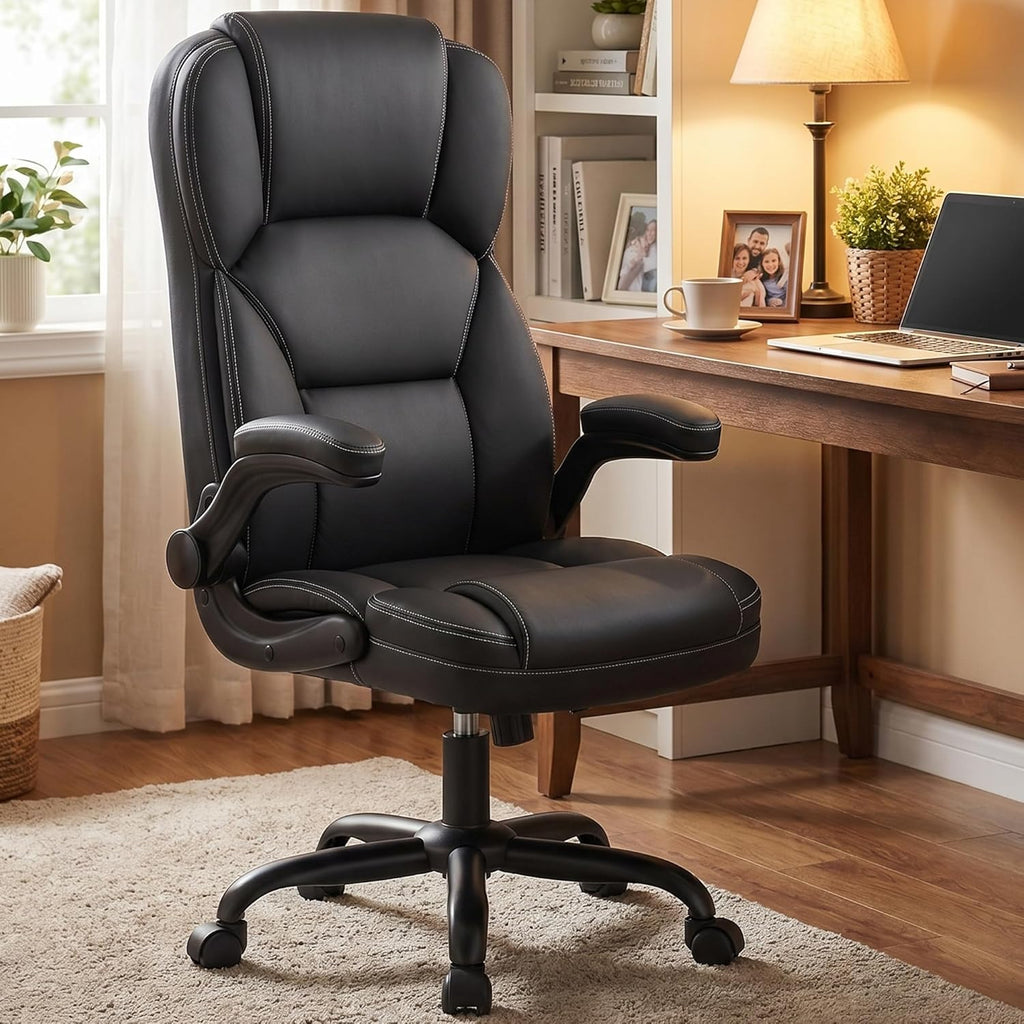 Stella Mia Ergonomic PU Leather Office Chair, High Back, Flip-Up Arms, Swivel Adjustable