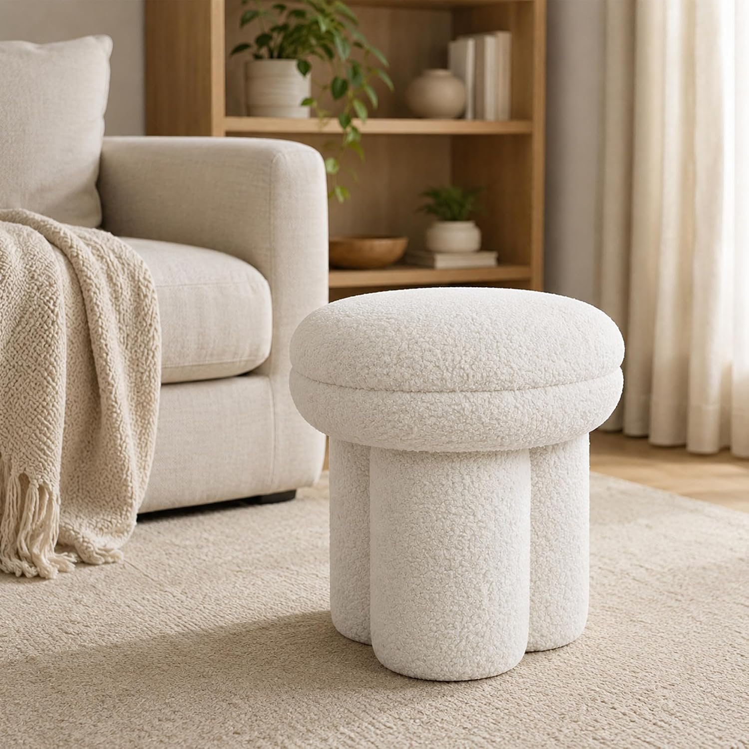 Stella Mia Mushroom Ottoman Stool, Teddy-Like Upholstered Accent Stool with Tri-Pillar Pedestal Base