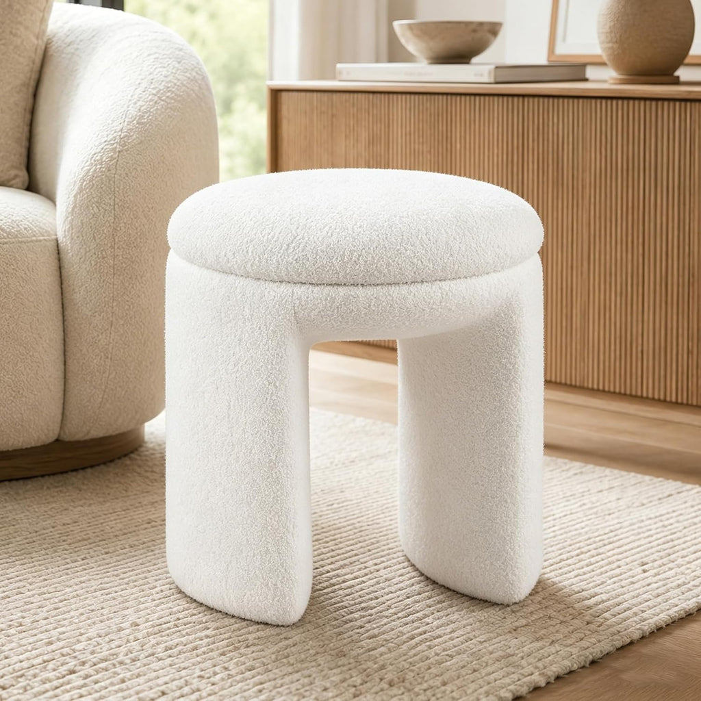Stella Mia Round Ottoman Stool, Teddy-Like Upholstered Foot Stool with Arch Base