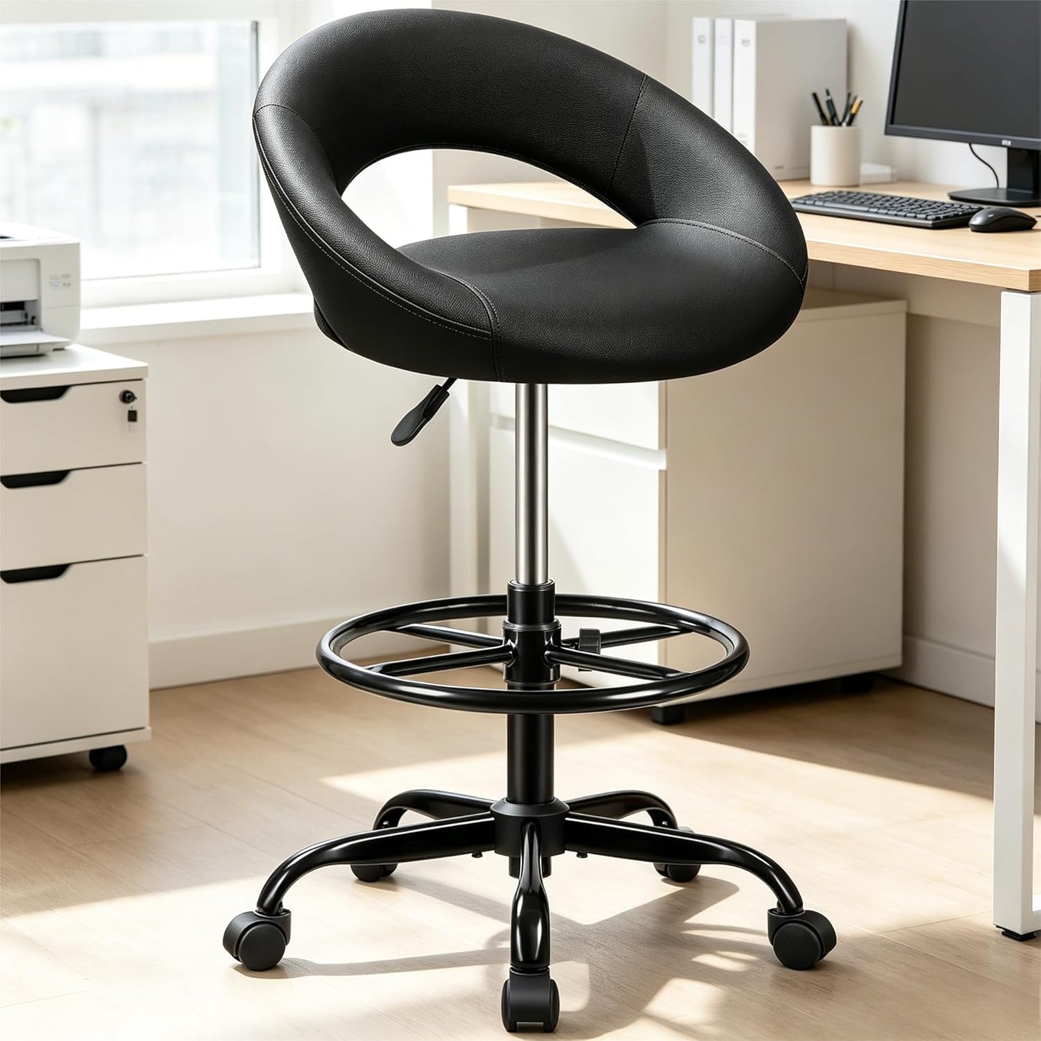 Stella Mia Ergonomic Drafting Chair for Standing Desk, Height Adjustable Rolling Stool with Foot Rest