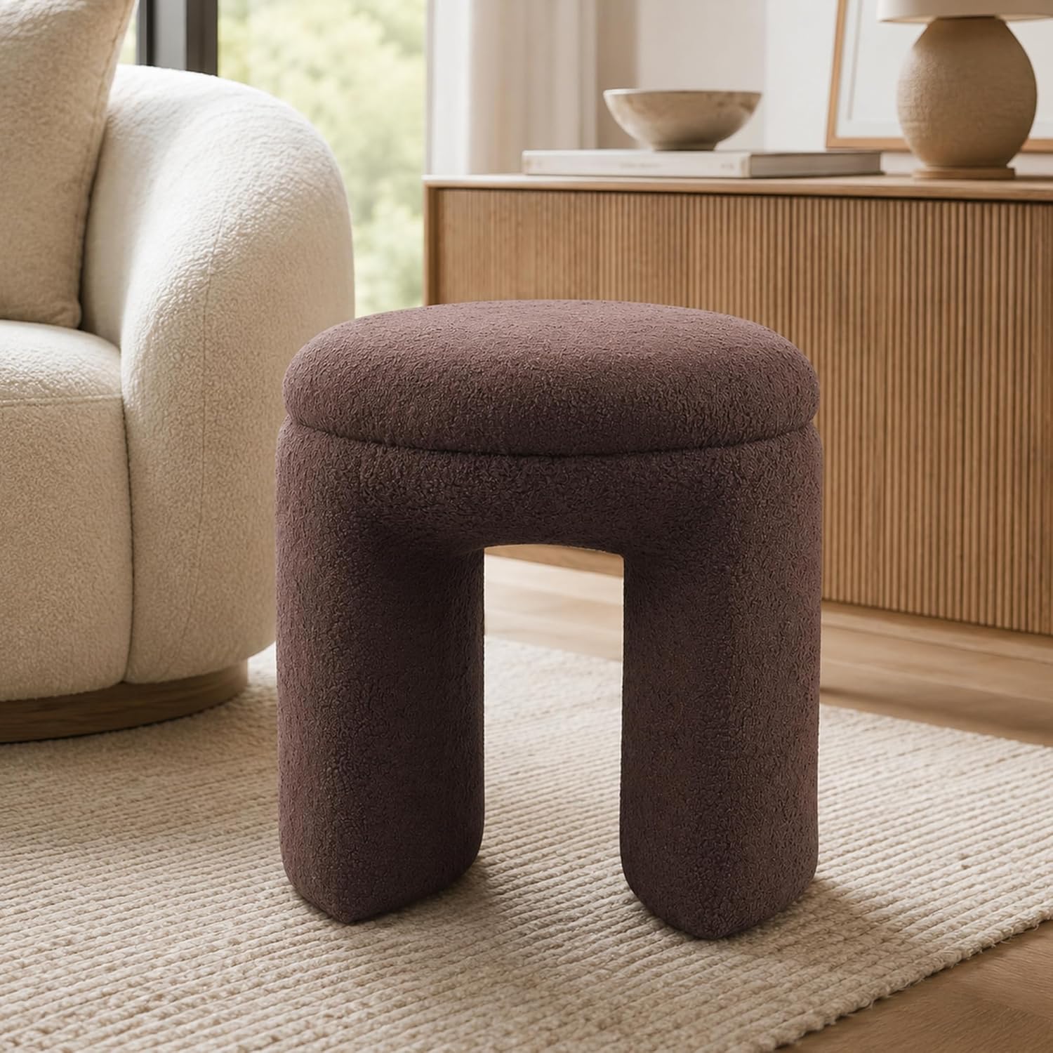Stella Mia Round Ottoman Stool, Teddy-Like Upholstered Foot Stool with Arch Base
