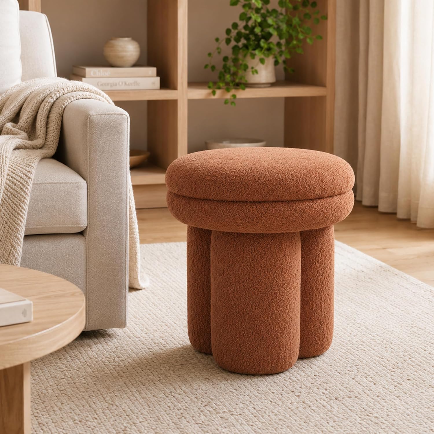 Stella Mia Mushroom Ottoman Stool, Teddy-Like Upholstered Accent Stool with Tri-Pillar Pedestal Base