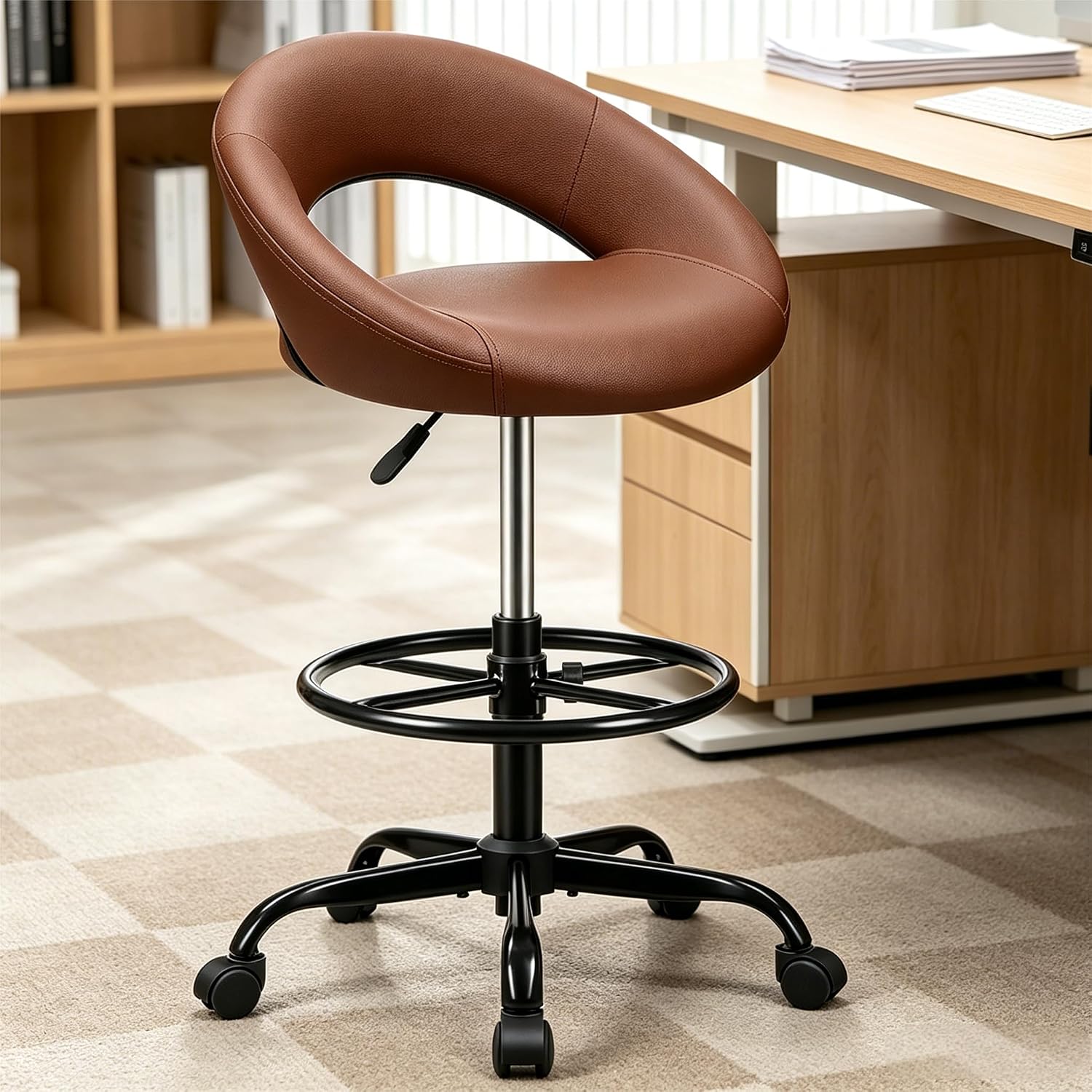 Stella Mia Ergonomic Drafting Chair for Standing Desk, Height Adjustable Rolling Stool with Foot Rest
