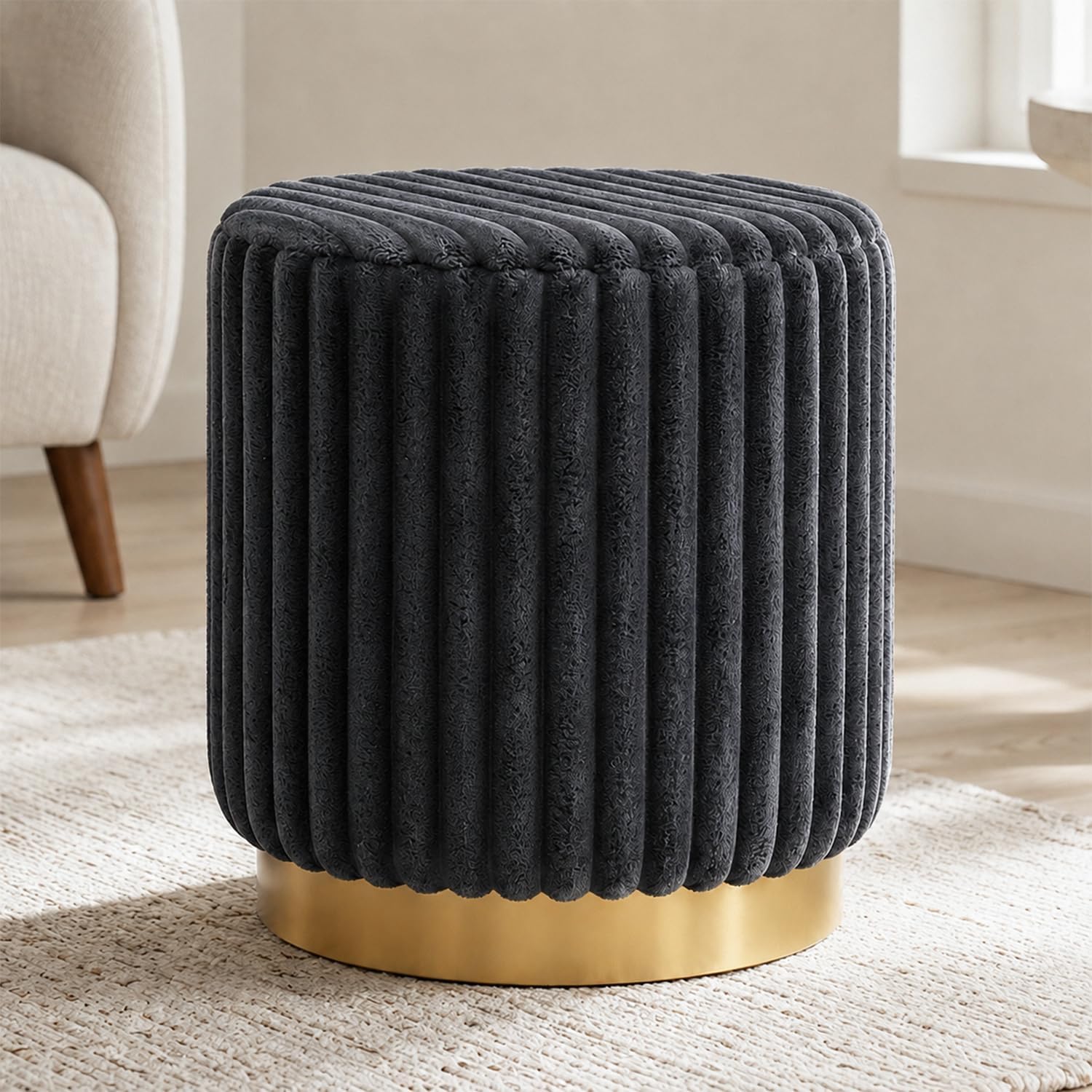 Stella Mia Round Ottoman Stool, Fur-Like Upholstered Small Ottoman Foot Rest with Gold Stainless Steel Plinth Base