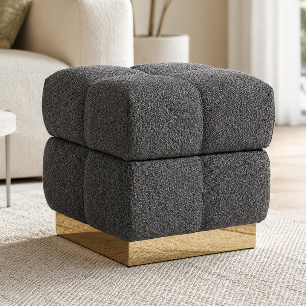Stella Mia Boucle Storage Ottoman Stool, Modern Vanity Stool with Biscuit Tufting and Gold Stainless Steel Base