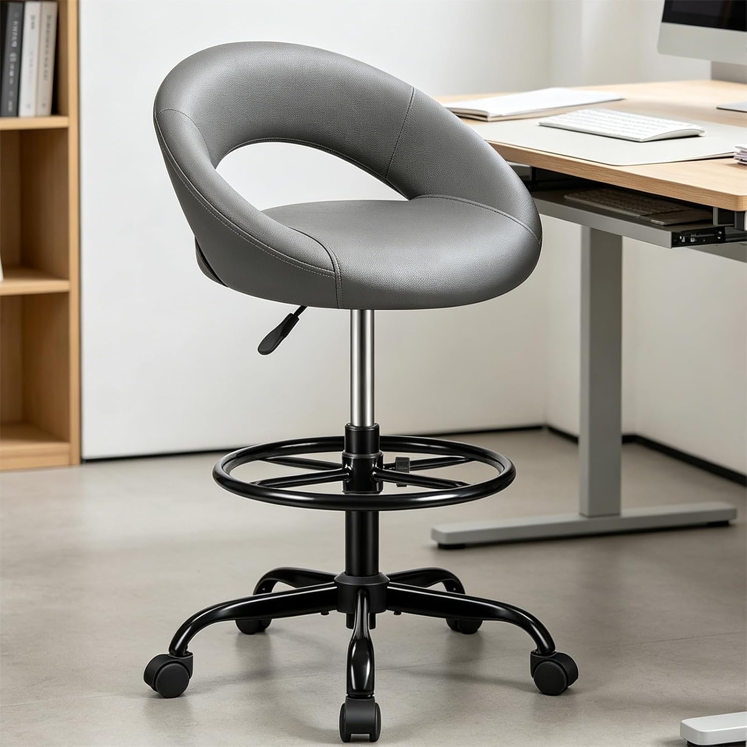 Stella Mia Ergonomic Drafting Chair for Standing Desk, Height Adjustable Rolling Stool with Foot Rest