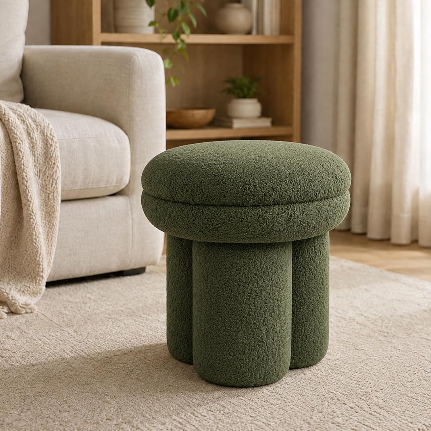 Stella Mia Mushroom Ottoman Stool, Teddy-Like Upholstered Accent Stool with Tri-Pillar Pedestal Base