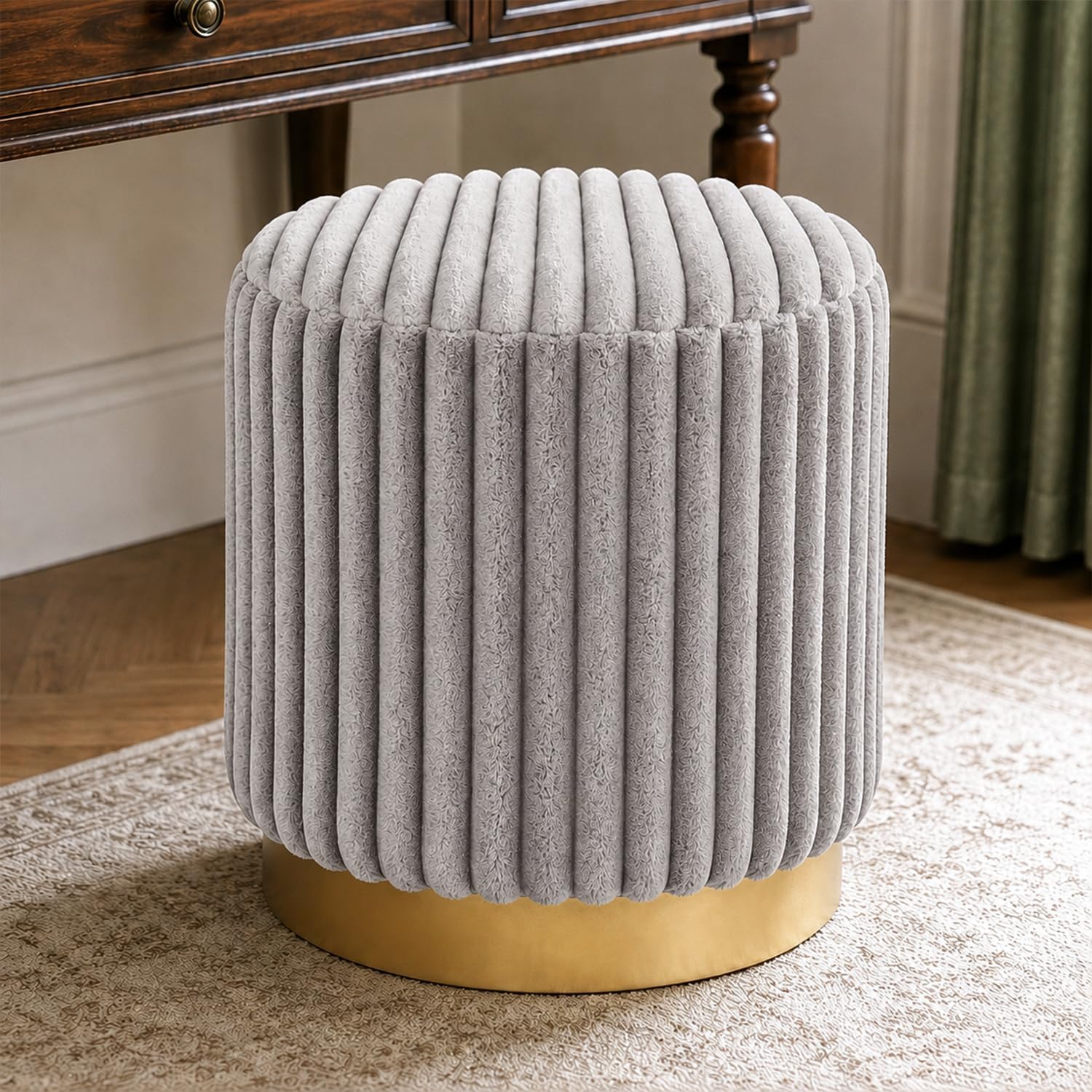Stella Mia Round Ottoman Stool, Fur-Like Upholstered Small Ottoman Foot Rest with Gold Stainless Steel Plinth Base