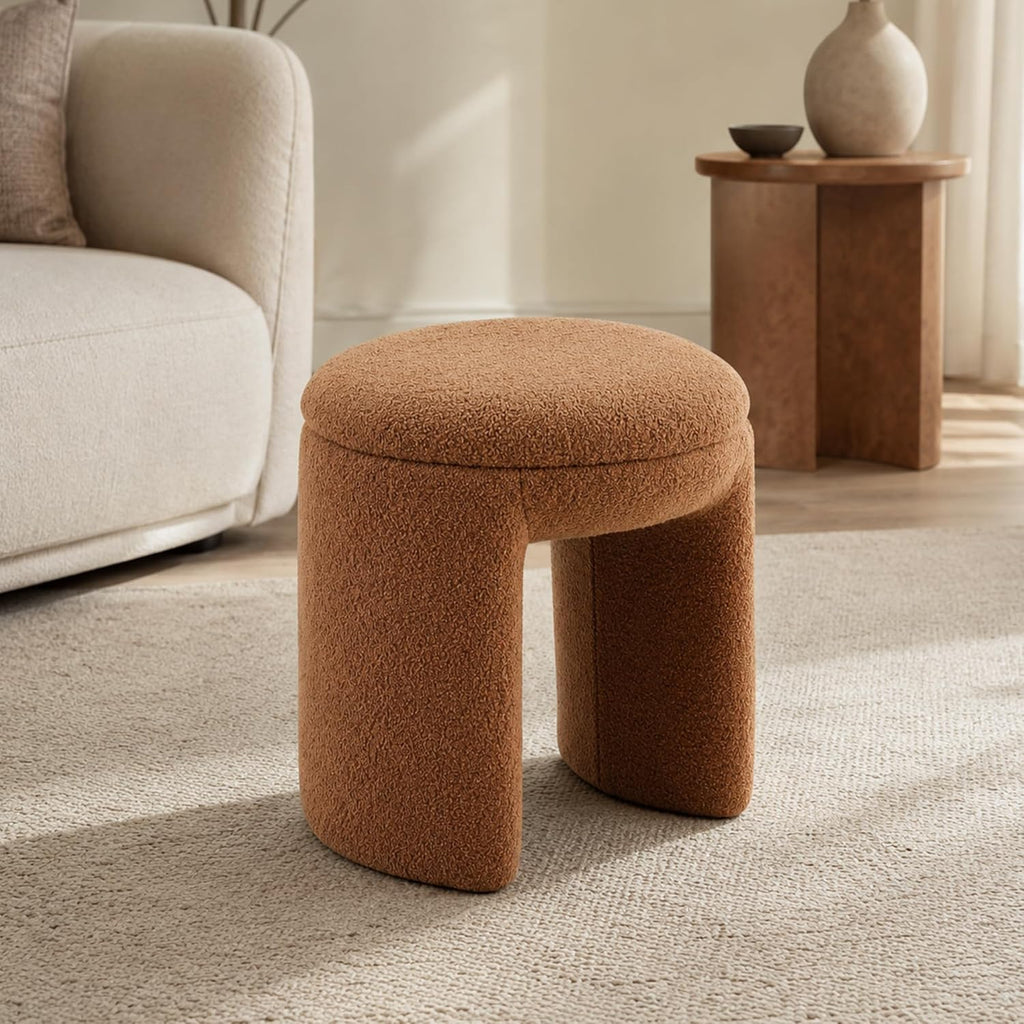 Stella Mia Round Ottoman Stool, Teddy-Like Upholstered Foot Stool with Arch Base