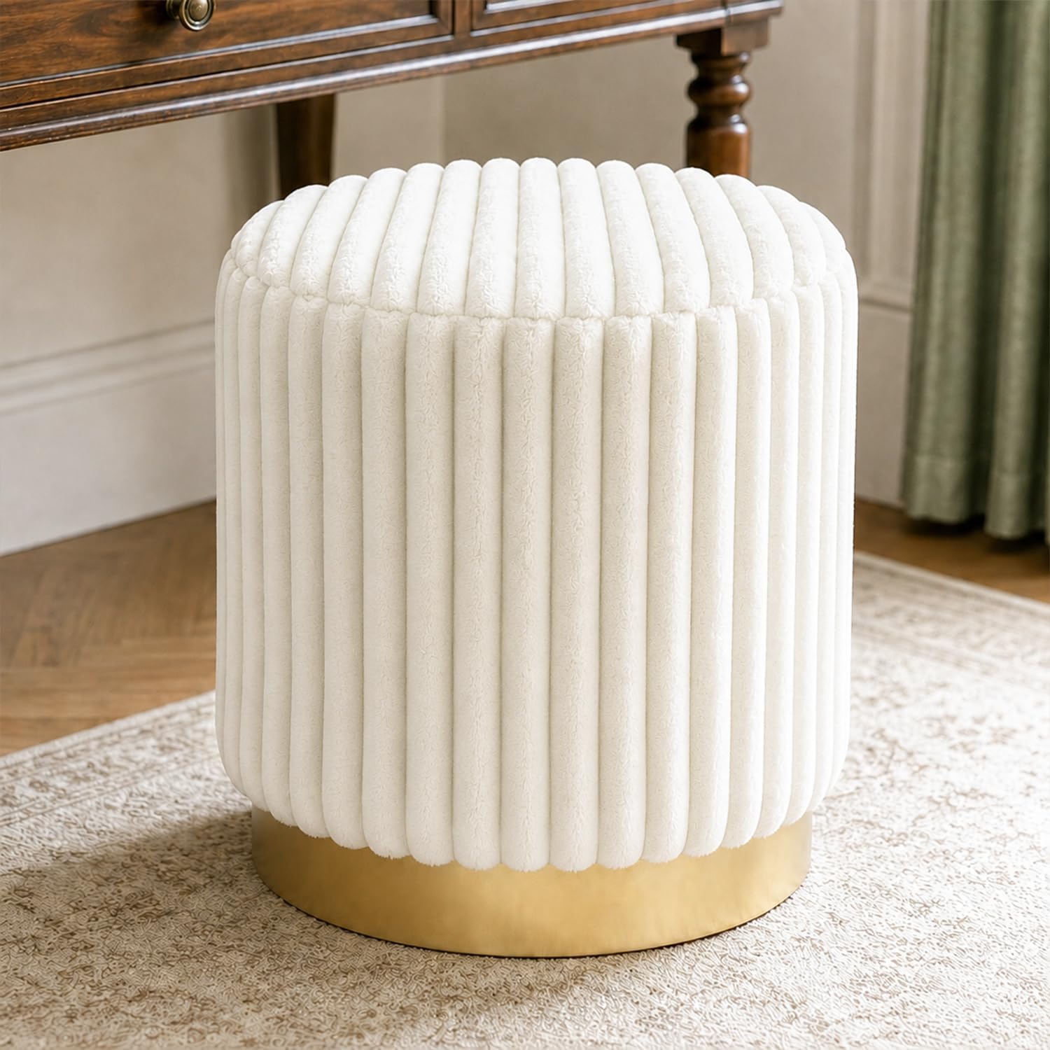 Stella Mia Round Ottoman Stool, Fur-Like Upholstered Small Ottoman Foot Rest with Gold Stainless Steel Plinth Base