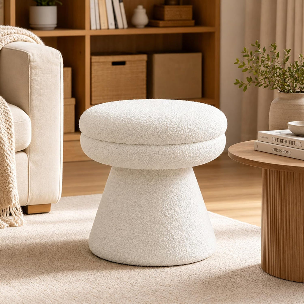 Stella Mia Mushroom Ottoman Stool, Teddy-Like Upholstered Small Ottoman with Pedestal Base