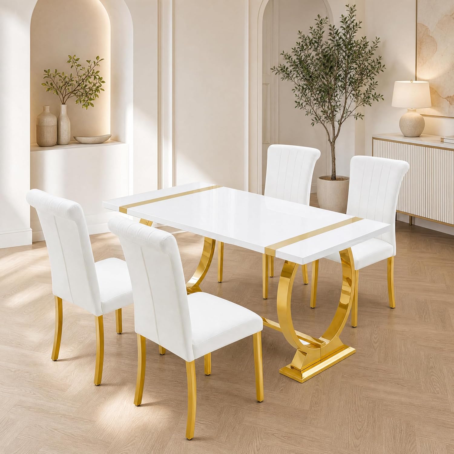 Stella Mia Dining Table Set for 4, 5-Piece Kitchen Table and Upholstered Chairs Set, Faux Marble Kitchen Table and Chairs Set of 4