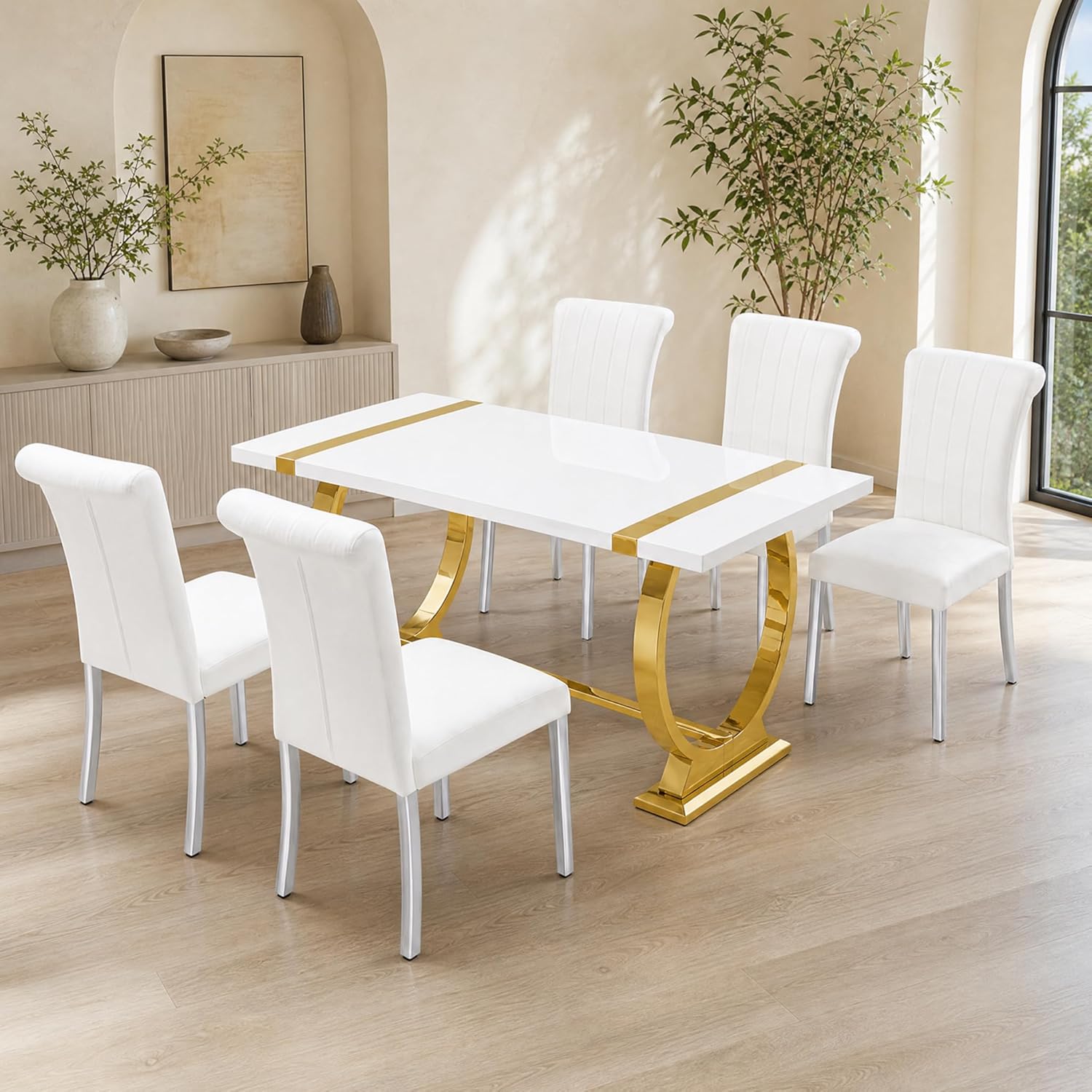 Stella Mia Dining Table Set for 4, 5-Piece Kitchen Table and Upholstered Chairs Set, Faux Marble Kitchen Table and Chairs Set of 4