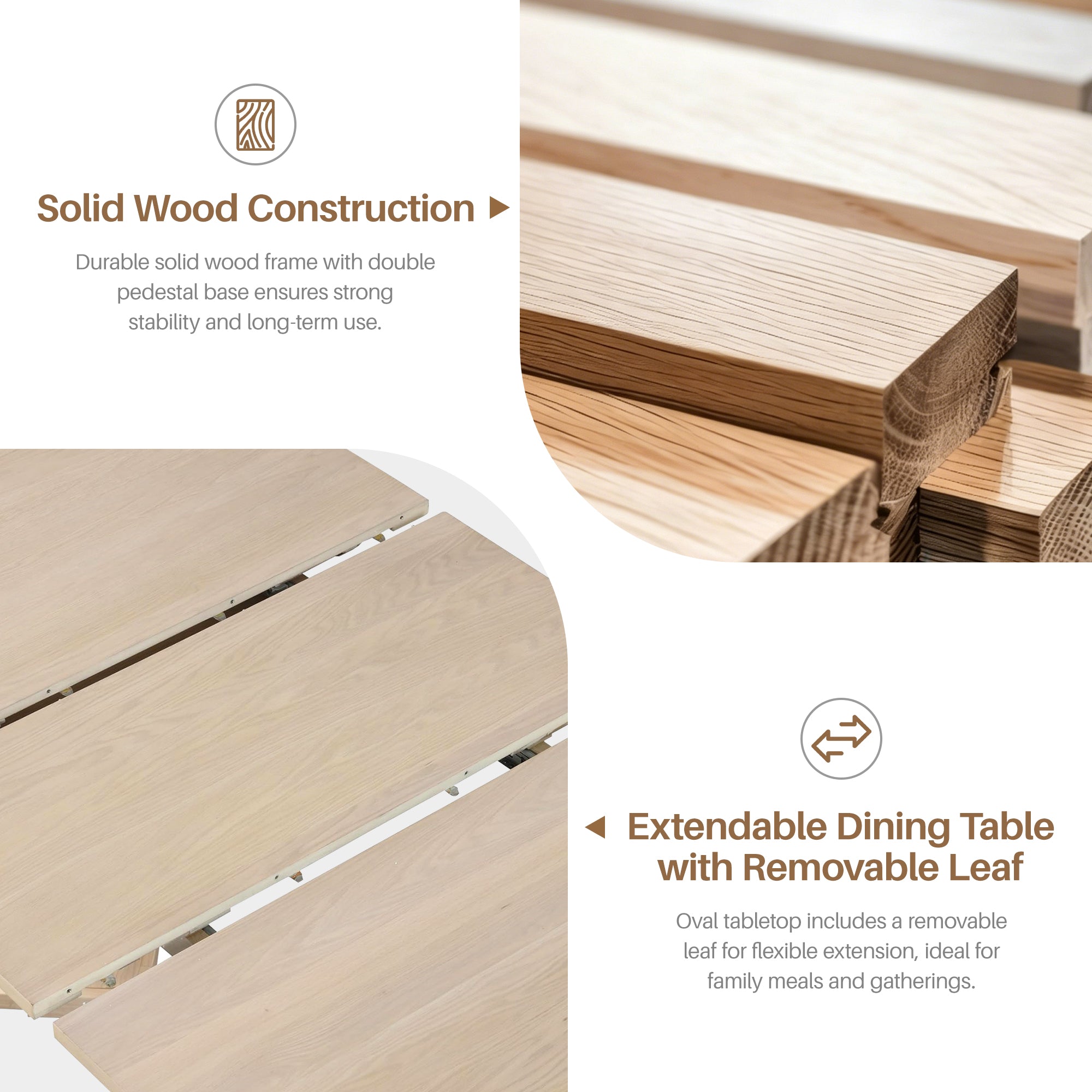Extendable Dining Room Table for 4-6, Mid-Century Modern Kitchen Dining Table with Removable Leaves, Double Pedestal Base, Spindle Back for Home Kitchen, Dinettes, White Oak