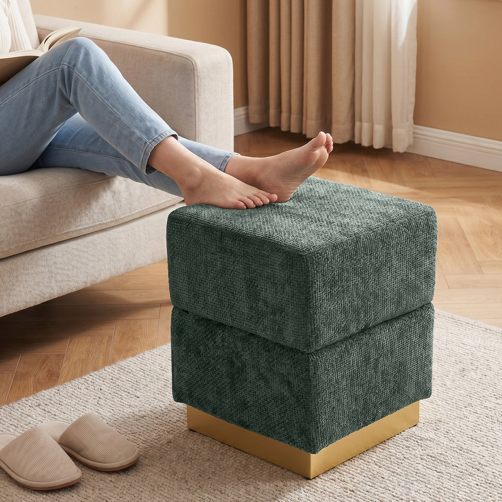 Storage Ottoman Cube Foot Rest Stool, Chenille Upholstered Footstool Storage Bench with Stainless Steel Base, Vanity Stool Chair, Foot Rest Under Desk for Bedroom, Living Room, Dorm, Entryway