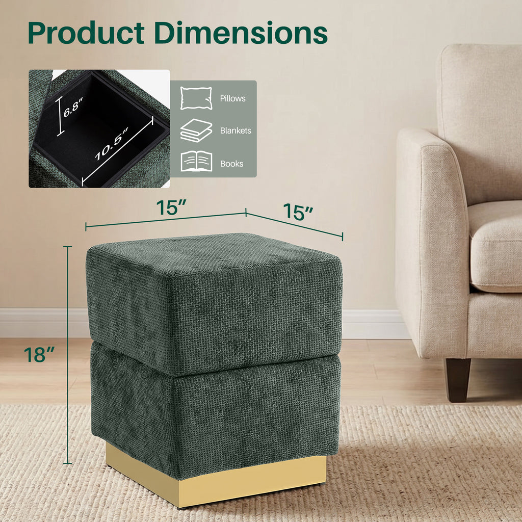 Storage Ottoman Cube Foot Rest Stool, Chenille Upholstered Footstool Storage Bench with Stainless Steel Base, Vanity Stool Chair, Foot Rest Under Desk for Bedroom, Living Room, Dorm, Entryway